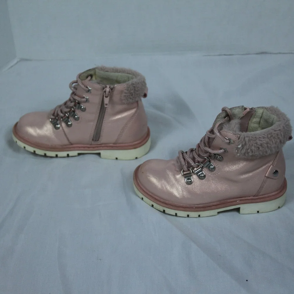 Dream Pairs Kids Girls Pink Metallic Lace‎ Up Fur Trim Winter Boots Size 10